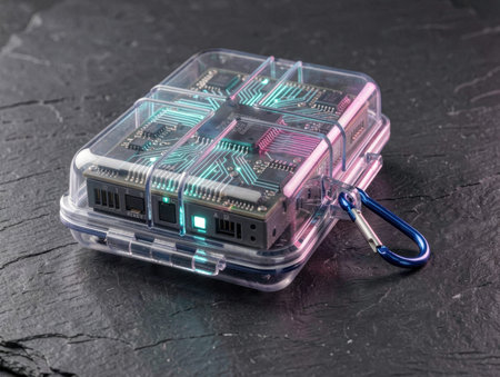 A futuristic electronic device rests inside a transparent protective plastic case