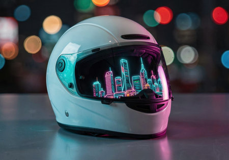 A white motorcycle helmet reflects a neon city skyline