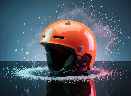 An orange ski helmet sits amidst swirling snowflakes