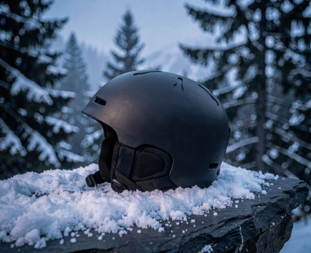 A matte black ski helmet sits on a snowy stone ledge