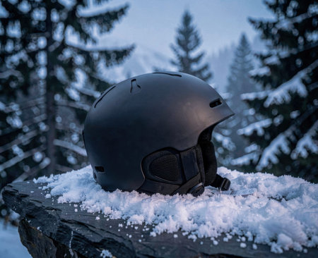 A matte black ski helmet sits on a snowy stone ledge