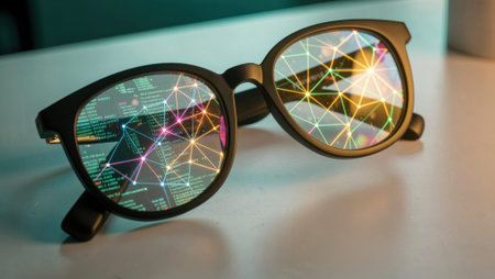 Black smart glasses display a colorful glowing data network on lenses