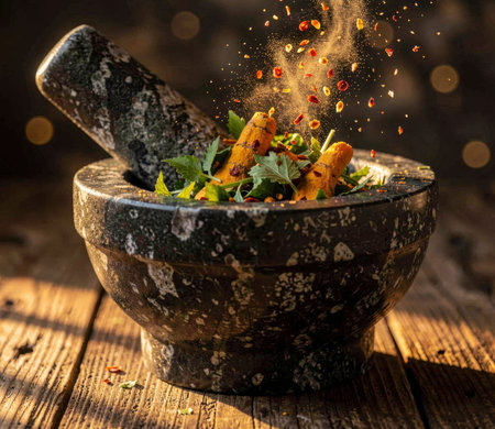 A stone mortar is filled with fresh herbs and flying spices