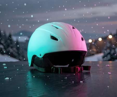 A white ski helmet is illuminated by neon lights at night
