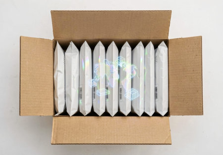 An open cardboard box is filled with white mailer envelopes
