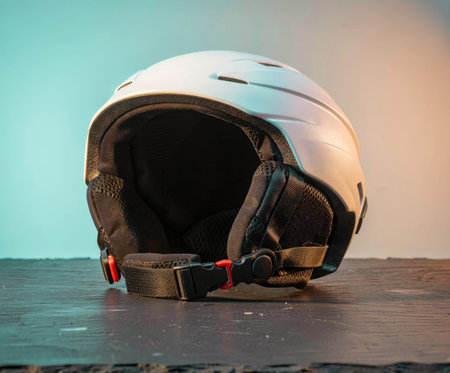 A white ski helmet sits on a dark slate surface