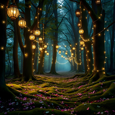 Fairytale forest with glowing lanterns in the night. 3D renderingの素材