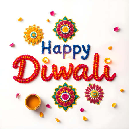 Happy Diwali festival colorful diya and diya lamps on white backgroundの素材