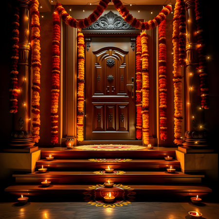 Entrance to the temple with candles in the interior of the templeの素材