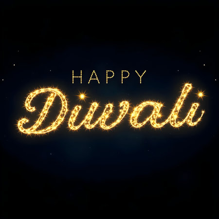 Happy Diwali lettering with golden sparkles on black backgroundの素材