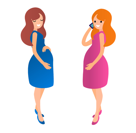 Two pregnant young women. One girl in a blue dress smiling and stroking her belly and one woman in pink talking by mobile phone. Vector illustration for Your design.のイラスト素材