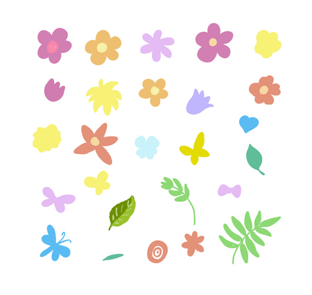 Floral elements with leaves, butterfly, dragonfly. Simple hand drawn style.のイラスト素材