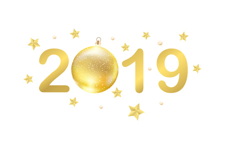 2019 Happy New Year greeting card with golden stars and bauble.のイラスト素材