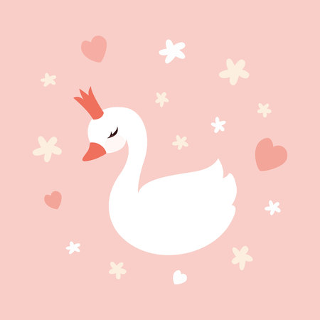 Cute little swan princess on pastel soft pink background. Design element for t-shirts, invitations, greeting cards.のイラスト素材