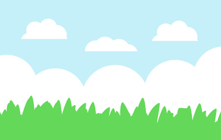Green grass and blue sky cartoon landscape. Beautiful natural background.のイラスト素材