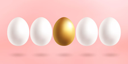 Gold and white egg in a row isolated with shadows isolate on trendy pink background. Vector design.のイラスト素材