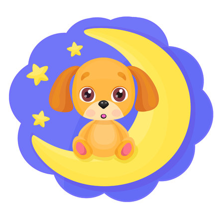 Cute cartoon little dog sitting on the moon with bright stars background. Kid print, good night or greeting card template.のイラスト素材