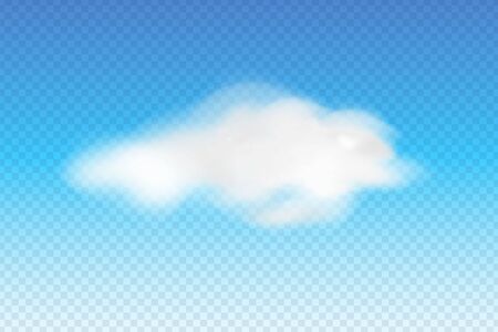 Realistic fluffy white cloud on transparent background, cloudy weather icon. Vector design template.のイラスト素材