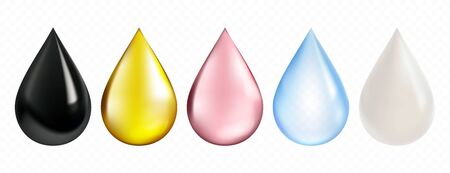 Realistic drop collection, including such items as petrol, olive oil, pink rose droplet, water and milk. High quality vector illustration for Your design.のイラスト素材