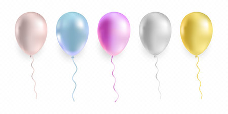 Realistic bunch of glossy flying helium balloons. Birthday party balloon composition isolated on transparent background. Premium quality vector illustration.のイラスト素材
