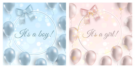 It is a boy beautiful postcard, baby shower event with blue glossy balloons and ribbon. Elegant modern design. Premium vector illustration.のイラスト素材