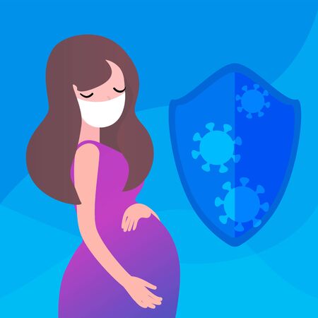 Pregnant woman in a medical mask with anti covid-19 shield. Coronavirus protection questions concept. Modern bright design. Premium vector illustration.のイラスト素材