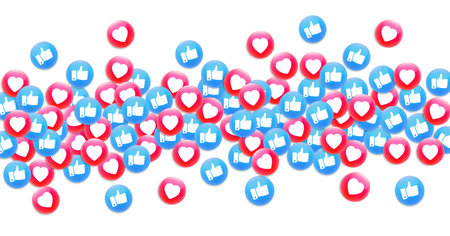 Social media background with thumbs up and like heart icons. Premium vector illustration.