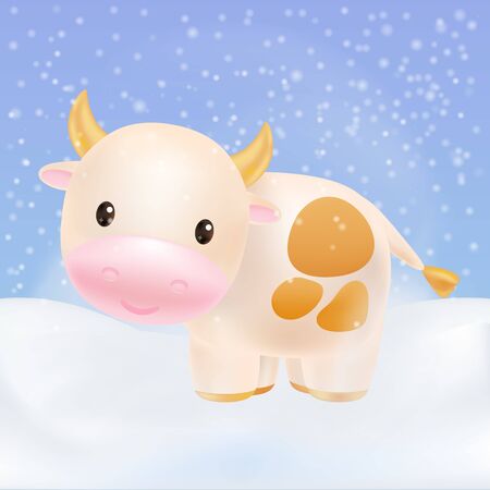 Cute cow, awesome little bull smiling. 2021 Chinese symbol. Soft pastel colours. Cartoon sweet style. Premium vector.のイラスト素材