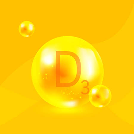 Vitamin D3, cholecalciferol complex, golden yellow shing capsule. Vector.のイラスト素材