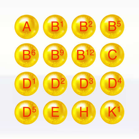 Vitamin icon collection with golden balls.のイラスト素材