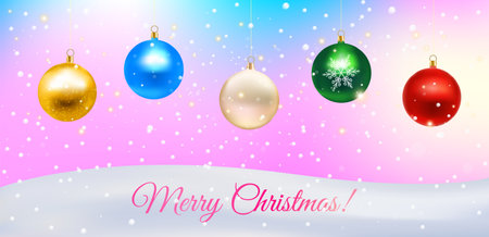 Christmas background with glossy bright baubles, sparkles, snow and holiday sky. Premium vector.のイラスト素材