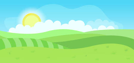 Bright cartoon summer fields landscape with beautiful sky. Flat style.のイラスト素材