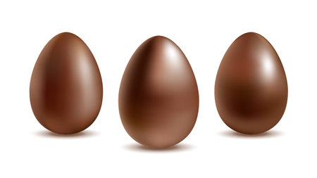 Chocolate egg set with shadows isolated on white background. Chocolate dessert. Wealth and religion symbol. Greeting card template. Realistic style. Stock vector illustration for your design.のイラスト素材