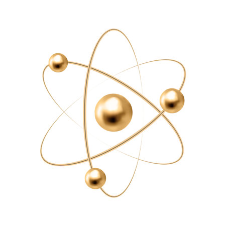 Gold atom isolated on white background. Realistic golden molecule sign. Science symbol. Vector illustration.のイラスト素材