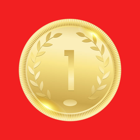 Golden medal for the first place. Champion winner award isolated on red background. Victory sign.のイラスト素材