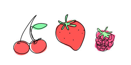 Cherry, strawberry, raspberry in continuous line art style. Berries with editable stroke. Vector illustration.のイラスト素材
