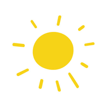 Simple doodle sun isolated on white background. Cartoon sunshine. Vector illustration of summer icon.の写真素材
