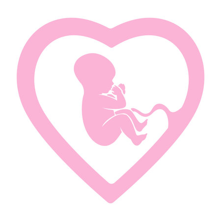 Baby icon in a pink shape o heart. Embryo in a womb concept. Vector illustration for logo, concept art.のイラスト素材