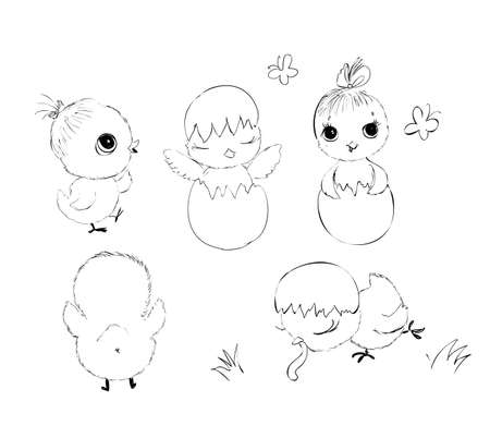 Adorable Chicken in Doodle Hand Drawn Style. Cute and Funny Little Roosters and Hen in Different Poses. Vector illustration.のイラスト素材