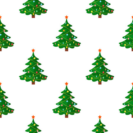 Christmas Tree Seamless Pattern in Flat Style. Vector XMAS Holiday Endless Background. May Be Used...