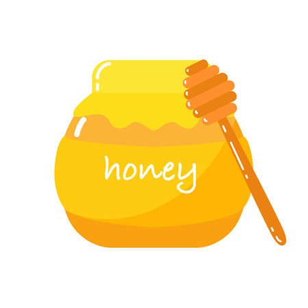 Honey Pot with Gold Honey in Flat Style. Vector Yummy and Healthy Dessert with Wooden Spoon. Gold Sugar Syrup Template.のイラスト素材