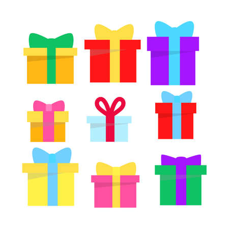 Gift Box Set Isolated on White Background in Flat Style. XMAS or Birthday, Holiday Vector Present Template Collection. Beautiful Simple Giftboxes.のイラスト素材