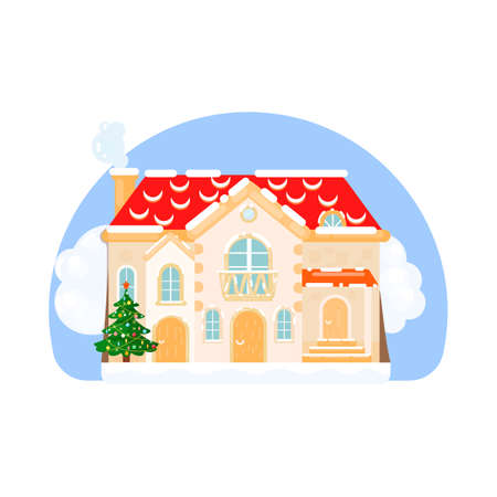 Christmas House with Xmas Tree and Snow Template. Vector New Year Winter Scene in Flat Style. Winter Holiday Greeting Card Template.のイラスト素材