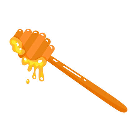 Wood Honey Spoon in Cartoon Style with Dripping Honey Isolated On White Background. Vector Pouring Sugar Syrup Template. Premium Illustration.のイラスト素材