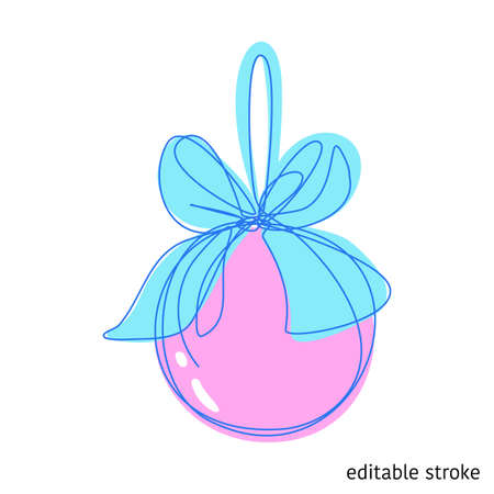 Christmas Ball with Bow Made in Continuous Line Art Style. Vector Holiday Element. Linear XMAS Bauble with Editable Stroke.のイラスト素材