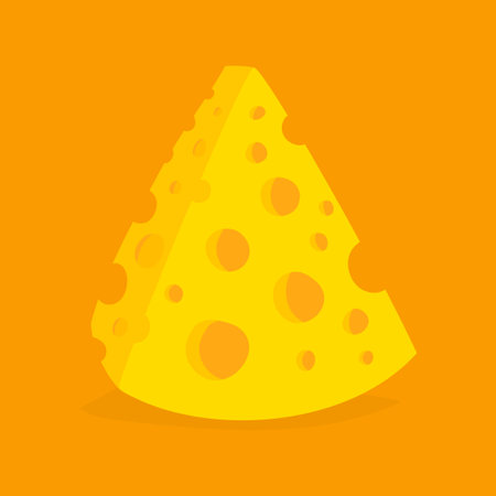 Piece of Cheese Isolated on Orange Yellow Background in Cartoon Style. Yummy Food Icon. Vector Illustration.のイラスト素材