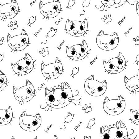 Vector Doodle Seamless Pattern with Cat Faces with Text, Funny Design Element Set. Hand Drawn Kittens with Paw, Mouse and Fish with Editable Stroke Isolated on White Background.のイラスト素材