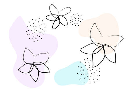 Beautiful modern background with continuous line art flowers, colored fluid shapes and dots. Vector illustration for your design.のイラスト素材