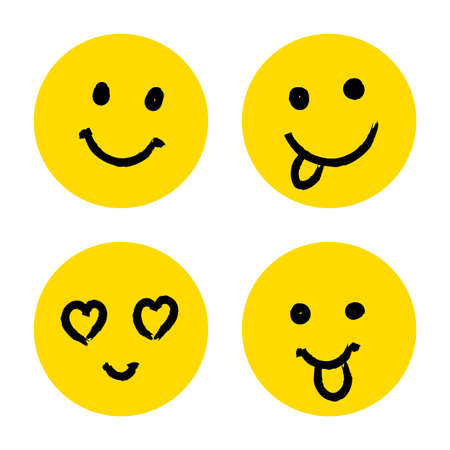 Vector Happy Doodle Smile Collection Isolated on White Background. Simple Faces. Cute Icon Set.のイラスト素材
