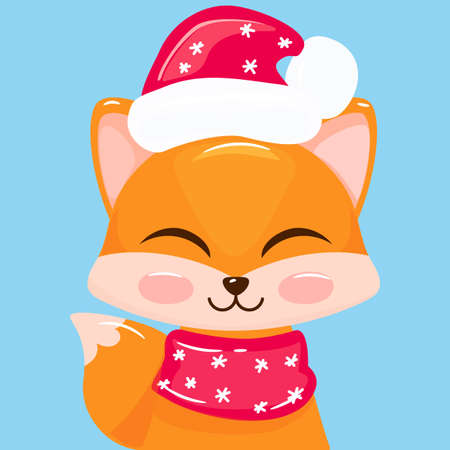 Cute fox with Santa hat and scarf. New Year Cartoon design. Animal character. Vector illustration.のイラスト素材